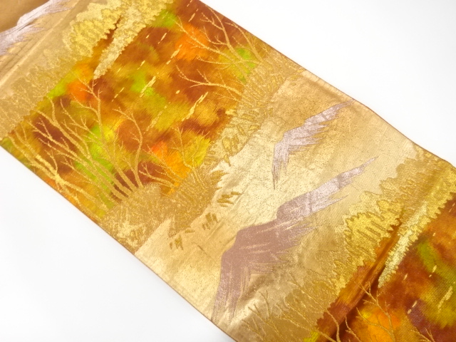 JAPANESE KIMONO / ANTIQUE FUKURO OBI / SILK / WOVEN MOUNTAIN & GROVE